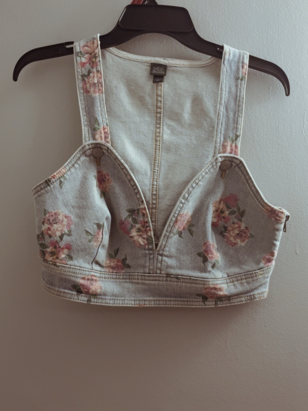 Floral Denim Crop Top - Light Blue/Pink